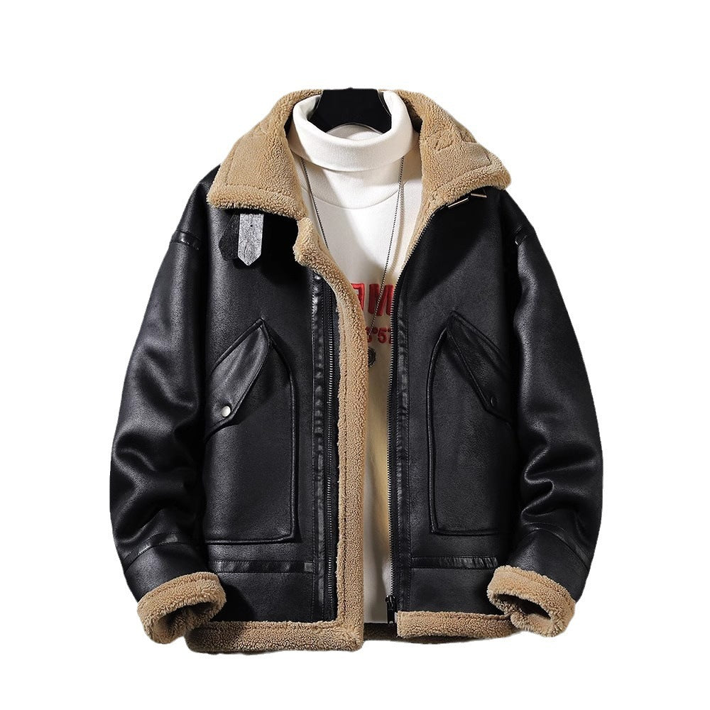 Men's Fashion Single-layer Fleece-lined Padded Jacket Lamb Wool Coat - iztia