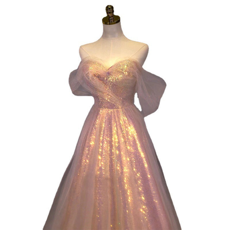 New Mesh Slimming Annual Party Banquet Host Mermaid Off-shoulder Evening Dress For Women - iztia