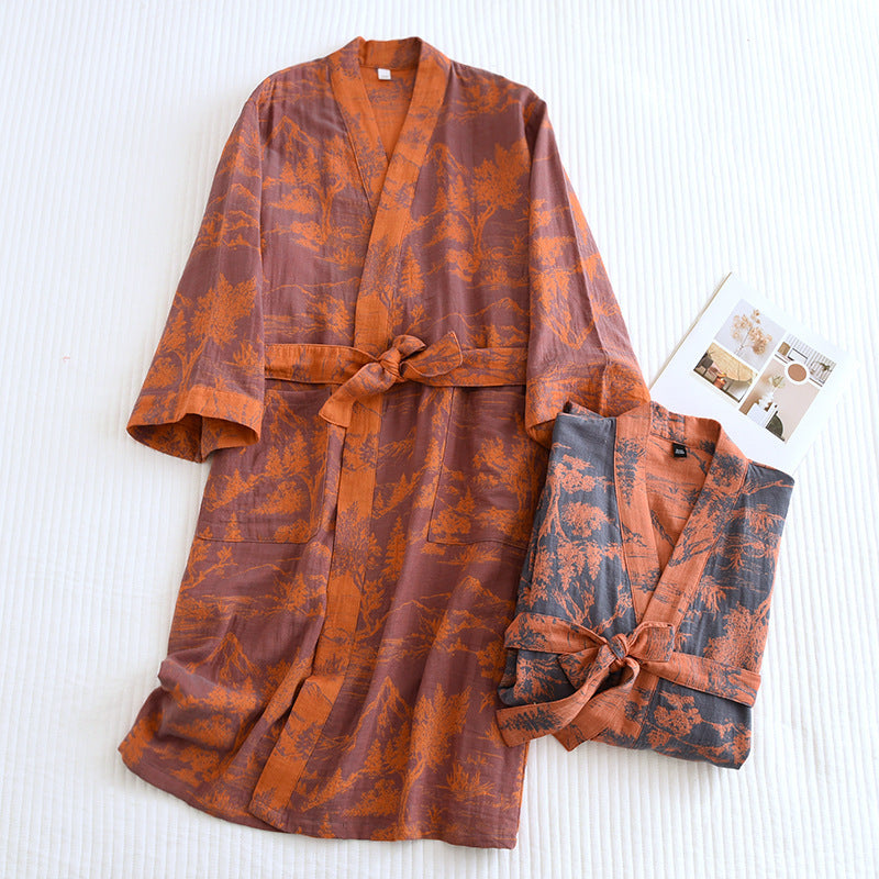 A double jacquard pajama robe for women, made of soft cotton and adorned with lace, designed for relaxed comfort - iztia