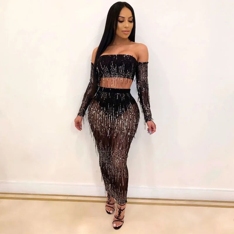 Fashion Sexy See-through Mesh Sequins Tassel Two-piece Set - iztia