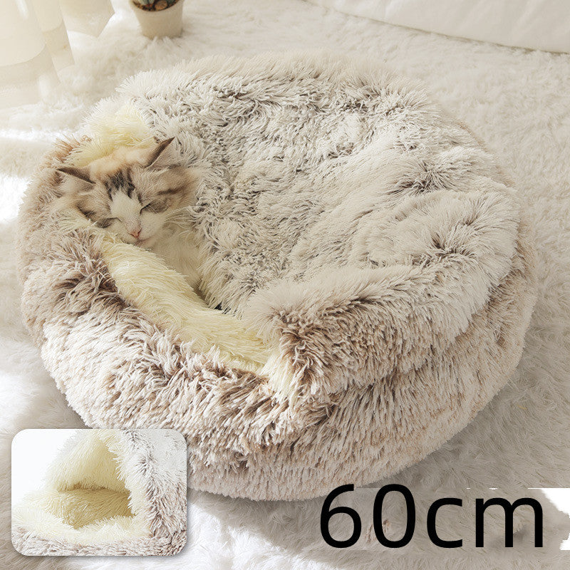 2 In 1 Dog And Cat Bed Pet Winter Bed Round Plush Warm Bed House Soft Long Plush Pets Bed - iztia