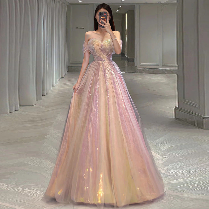 New Mesh Slimming Annual Party Banquet Host Mermaid Off-shoulder Evening Dress For Women - iztia