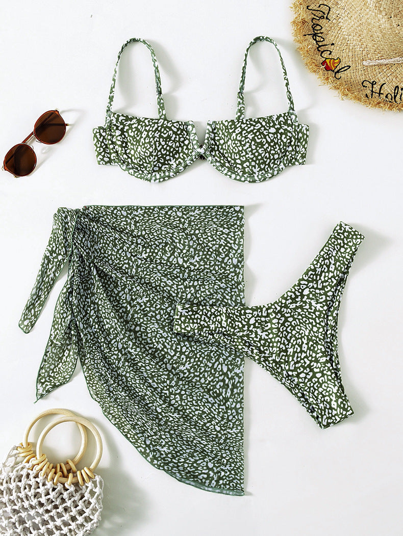 Three-piece Floral Bikini Beach Dress - iztia