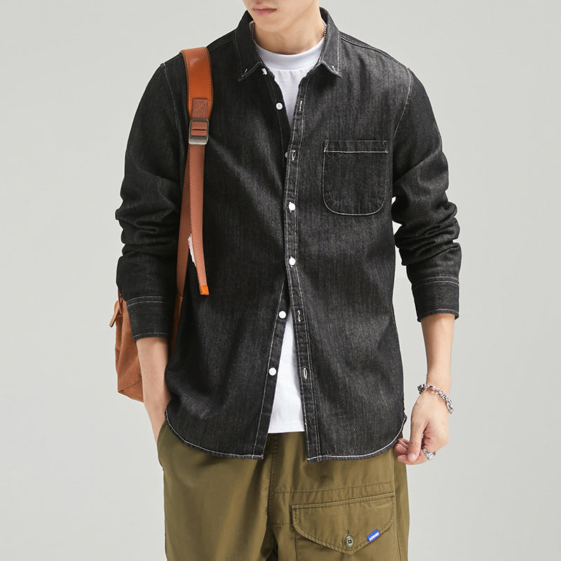 Men's Long Sleeve Solid Color Casual Thin Lapels Denim Shirt - iztia