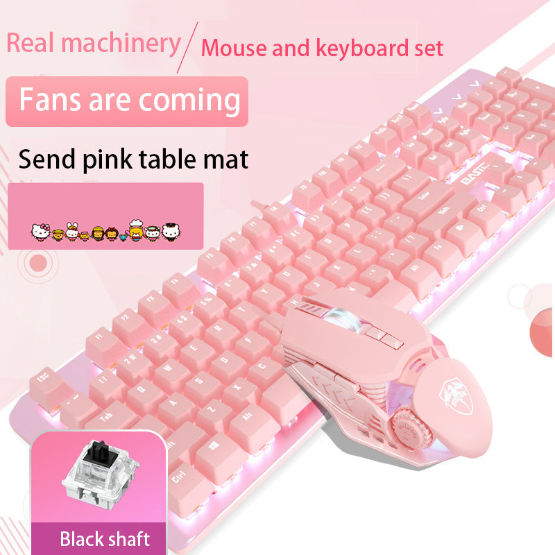Pink Real Mechanical Keyboard And Mouse Set Girls Cute Gaming Games Dedicated Wired Green Axis Red Axis Girl Heart Luminous Wired Notebook - iztia