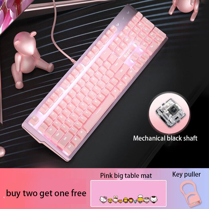 Pink Real Mechanical Keyboard And Mouse Set Girls Cute Gaming Games Dedicated Wired Green Axis Red Axis Girl Heart Luminous Wired Notebook - iztia