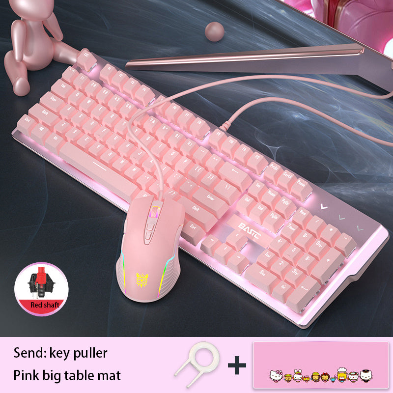 Pink Real Mechanical Keyboard And Mouse Set Girls Cute Gaming Games Dedicated Wired Green Axis Red Axis Girl Heart Luminous Wired Notebook - iztia