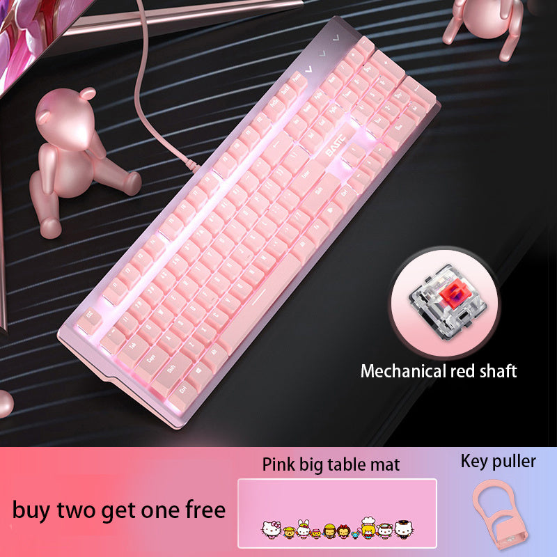 Pink Real Mechanical Keyboard And Mouse Set Girls Cute Gaming Games Dedicated Wired Green Axis Red Axis Girl Heart Luminous Wired Notebook - iztia