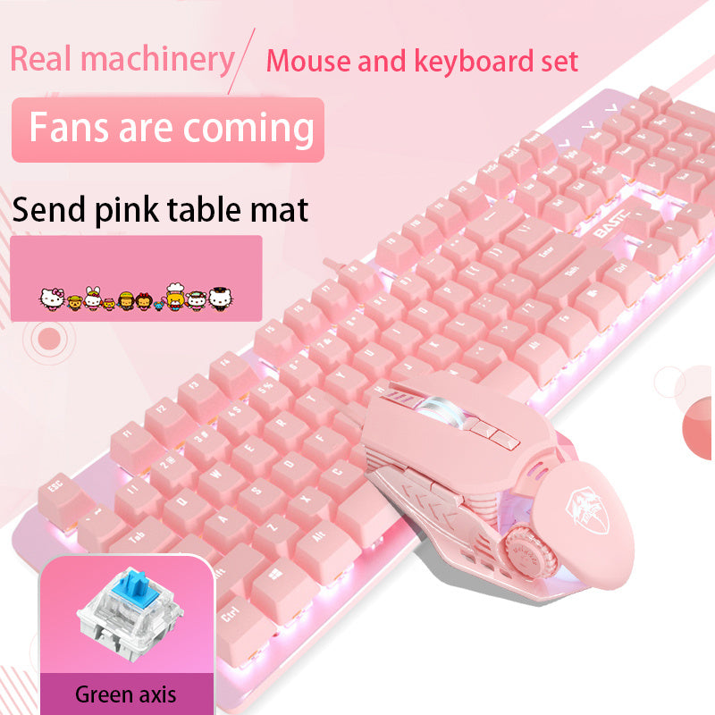 Pink Real Mechanical Keyboard And Mouse Set Girls Cute Gaming Games Dedicated Wired Green Axis Red Axis Girl Heart Luminous Wired Notebook - iztia