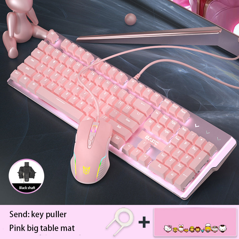 Pink Real Mechanical Keyboard And Mouse Set Girls Cute Gaming Games Dedicated Wired Green Axis Red Axis Girl Heart Luminous Wired Notebook - iztia