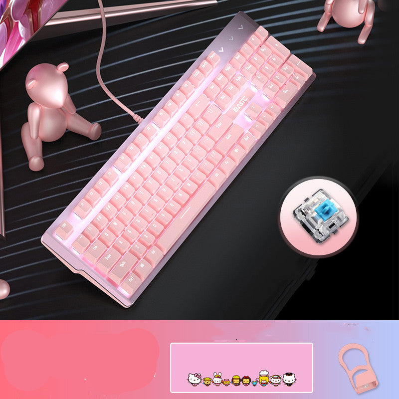 Pink Real Mechanical Keyboard And Mouse Set Girls Cute Gaming Games Dedicated Wired Green Axis Red Axis Girl Heart Luminous Wired Notebook - iztia