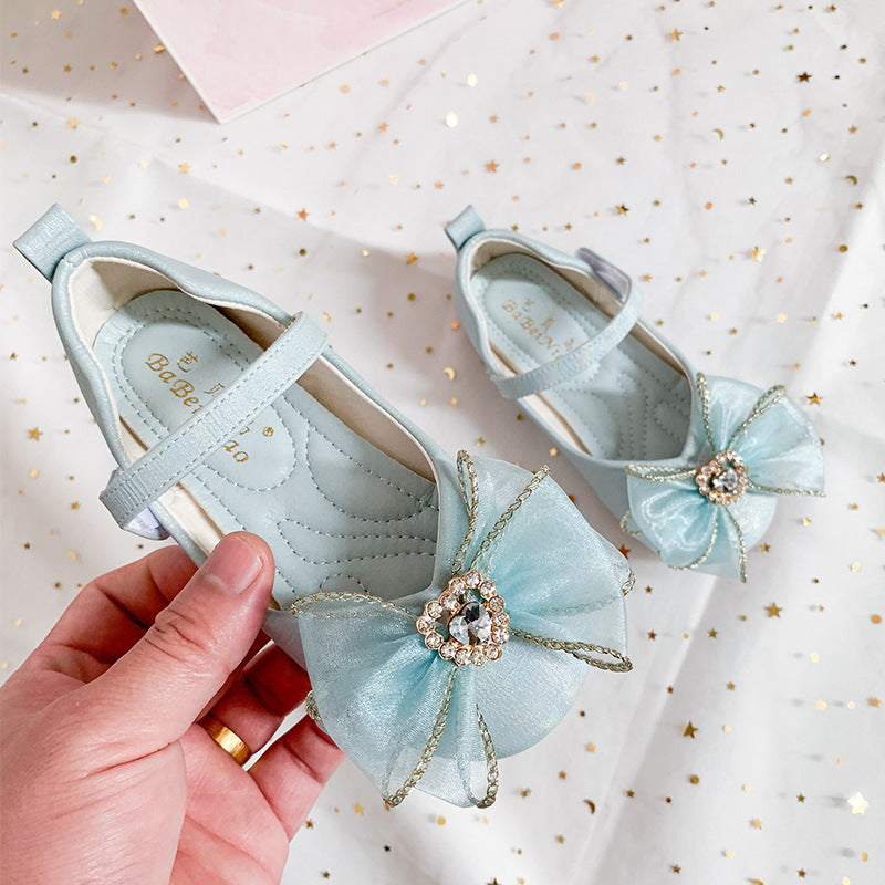 Spring New Girls' Single Shoes Cute Bow Rhinestone Soft Sole Flat Shoes - iztia