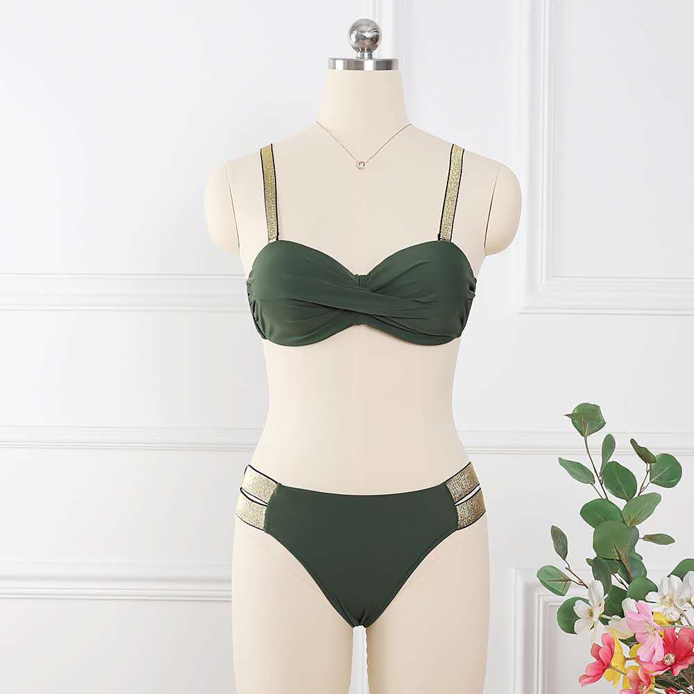 Bikini Sets Solid Color Swimsuit Sexy Mid-Waist Bandeau Gather Cup Bikinis Women Swimwear Female Bathing Suits Beach Wear - iztia