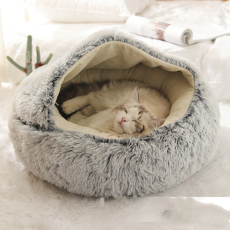 2 In 1 Dog And Cat Bed Pet Winter Bed Round Plush Warm Bed House Soft Long Plush Pets Bed - iztia