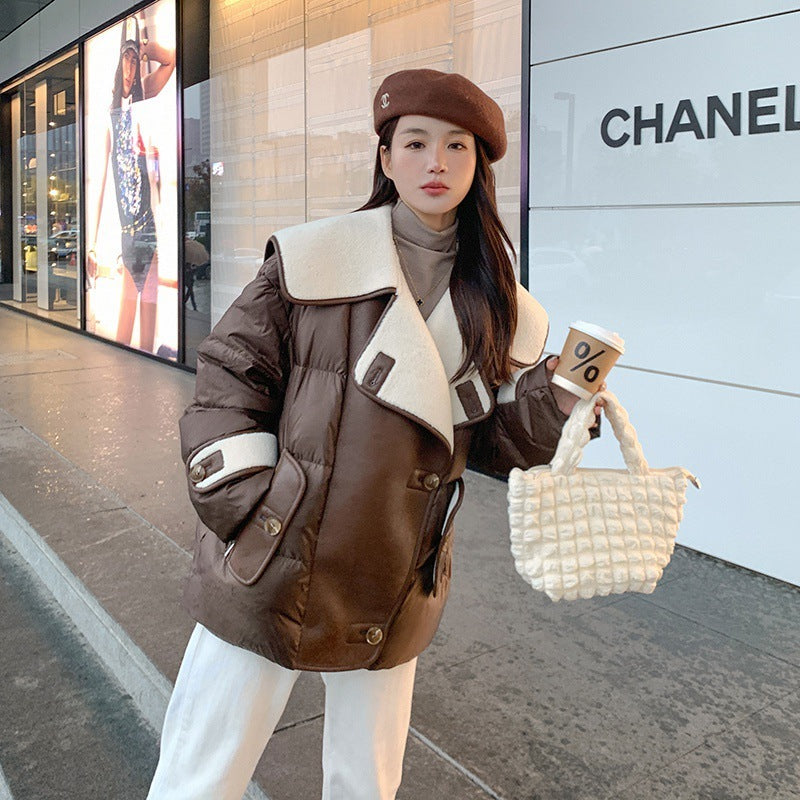 Large Lapel Fur Integrated Stitching Down Jacket - iztia