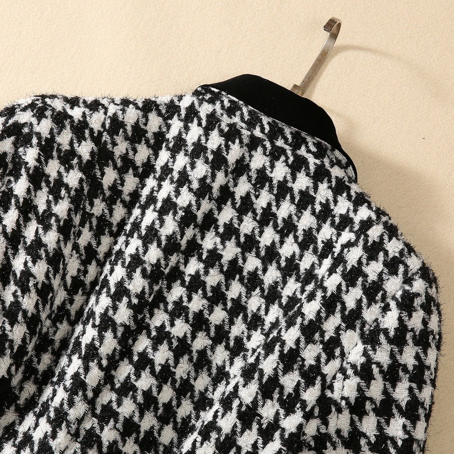 Houndstooth Stitching Sequins Tulle Skirt Style Coat Overcoat - iztia