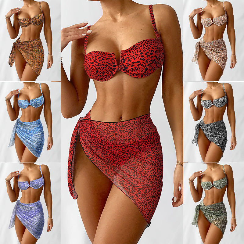 Three-piece Floral Bikini Beach Dress - iztia