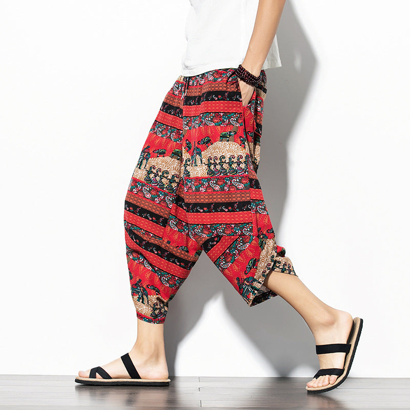 Printed Pants Baggy Cotton And Linen Loose Casual Cropped Pants - iztia