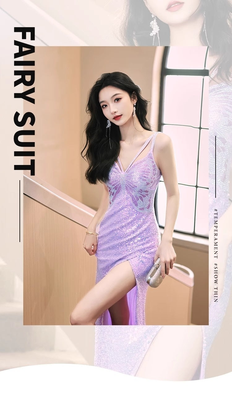 New Sequined Evening Dress Autumn And Winter Purple French Style High Sense Banquet - iztia