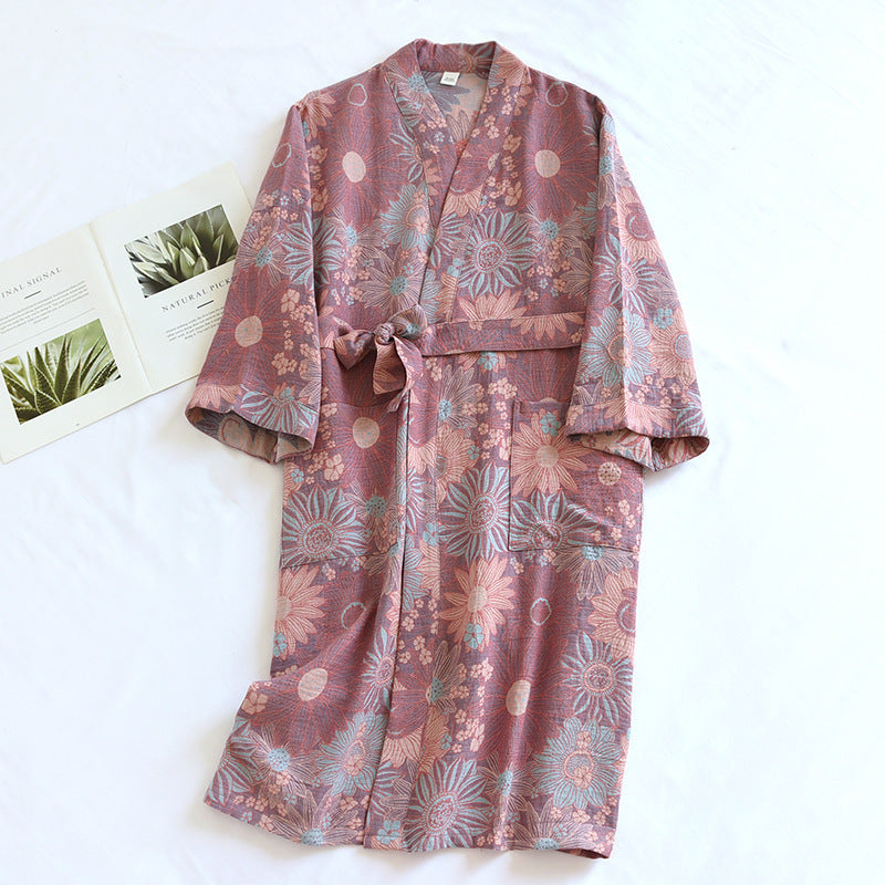 A double jacquard pajama robe for women, made of soft cotton and adorned with lace, designed for relaxed comfort - iztia