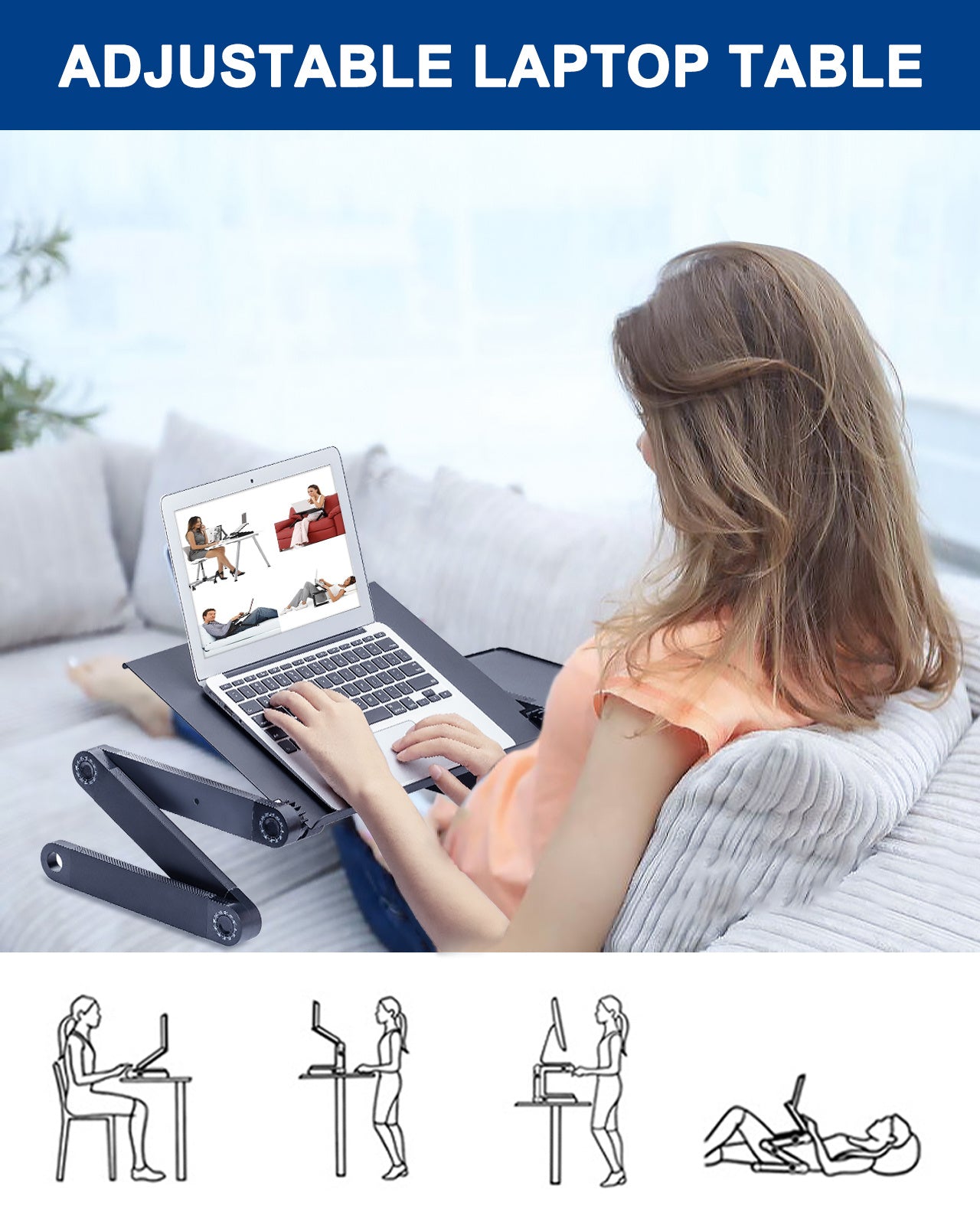 Adjustable Laptop Stand, RAINBEAN Laptop Desk with 2 CPU Cooling USB Fans for Bed Aluminum Lap Workstation Desk with Mouse Pad, Foldable Cook Book Stand Notebook Holder Sofa,Amazon Banned - iztia