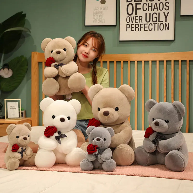 23-45cm New Lovely Hug Roses Teddy Bear Plush Pillow Stuffed Soft Animal Dolls Nice Birthday Gift Girlfriend Valentine's Day - iztia