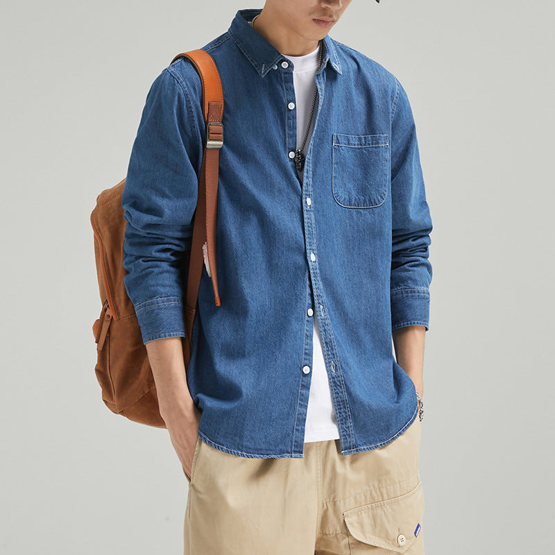 Men's Long Sleeve Solid Color Casual Thin Lapels Denim Shirt - iztia