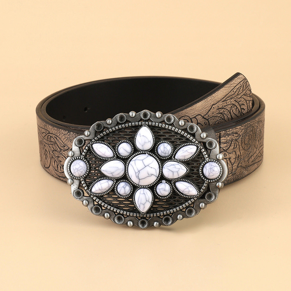 Retro White Gem Personality All-matching Printed Fashion Decoration Belt - iztia