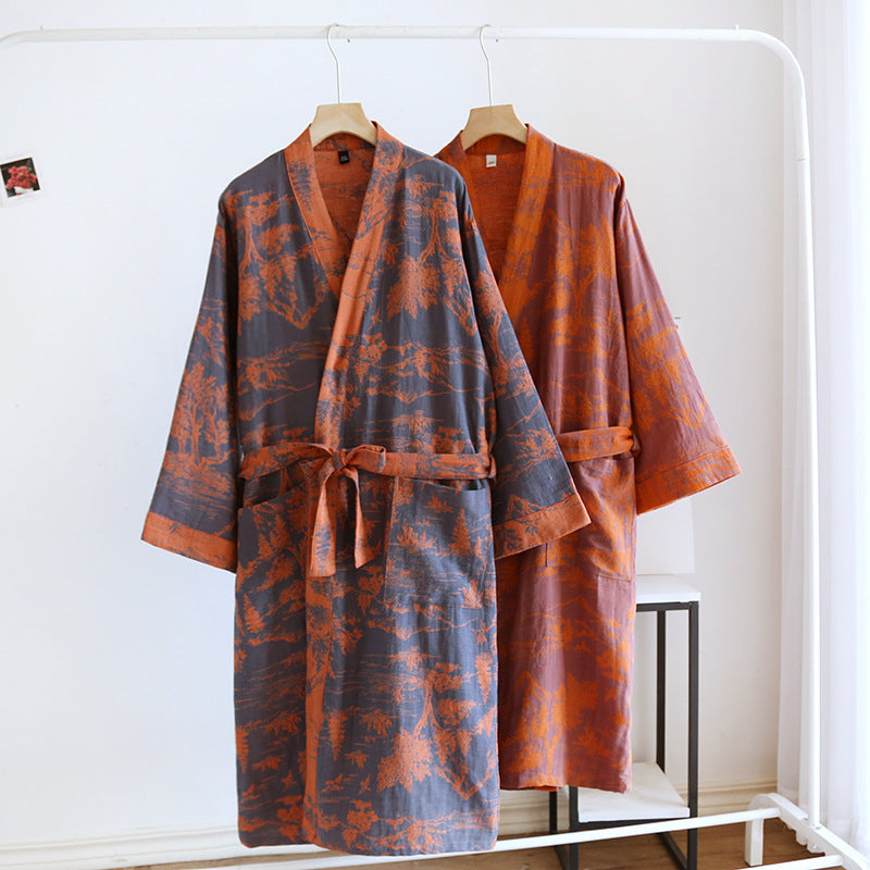 A double jacquard pajama robe for women, made of soft cotton and adorned with lace, designed for relaxed comfort - iztia