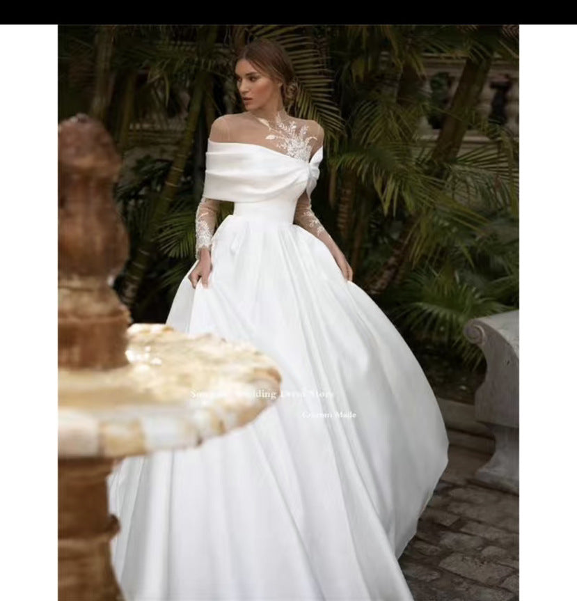 Raglan Sleeve Long Sleeve White Tutu Skirt Satin Wedding Dress - iztia