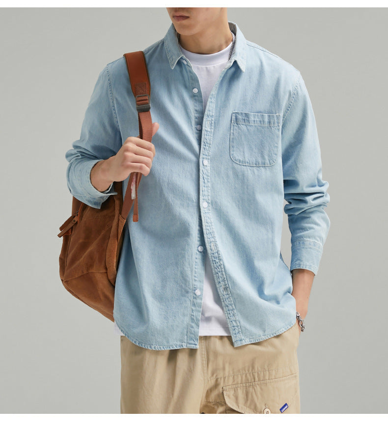 Men's Long Sleeve Solid Color Casual Thin Lapels Denim Shirt - iztia