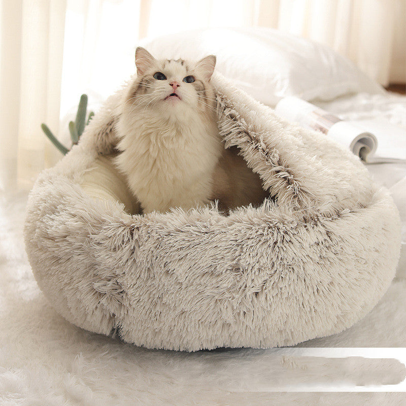 2 In 1 Dog And Cat Bed Pet Winter Bed Round Plush Warm Bed House Soft Long Plush Pets Bed - iztia