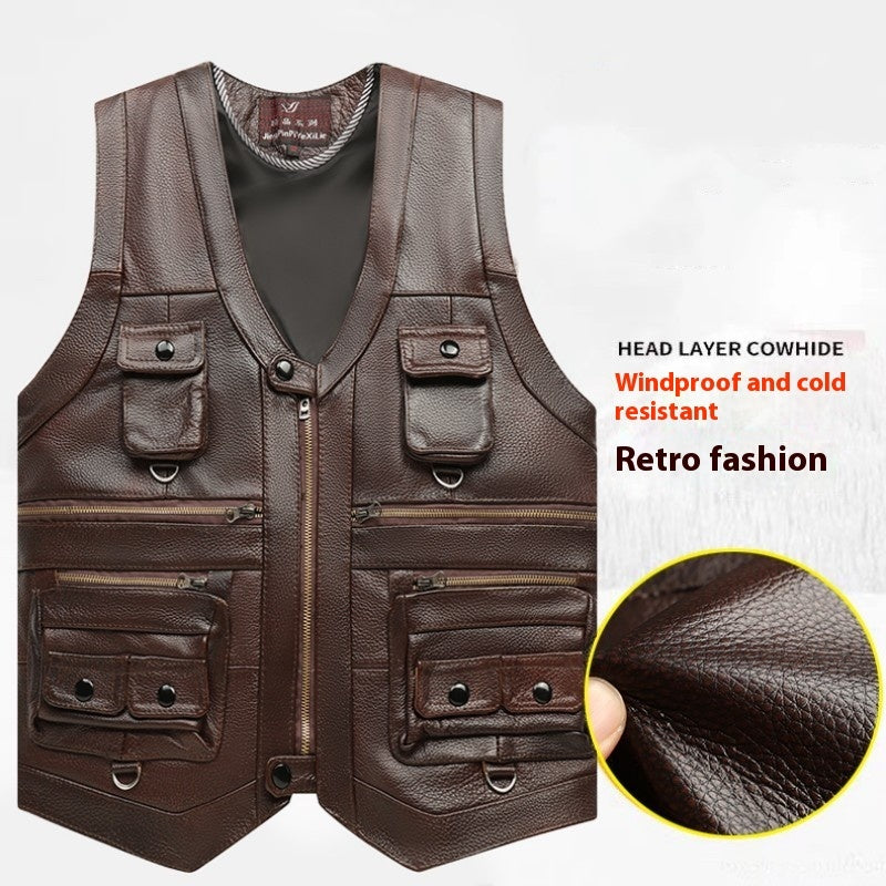 Genuine Leather Vest Man First Layer Cowhide Motorcycle Clothing - iztia