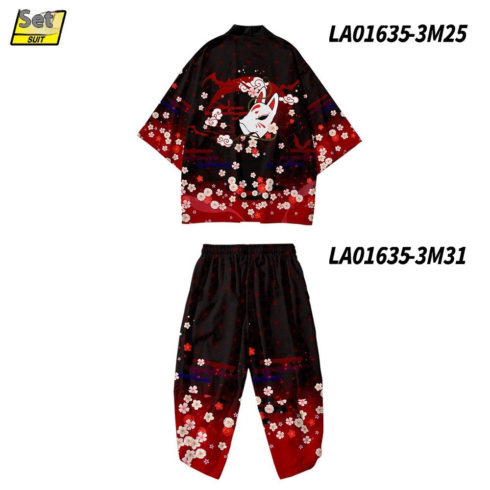 Peach Blossom Kimono Fox Mask Robe Sun-protective Clothing - iztia