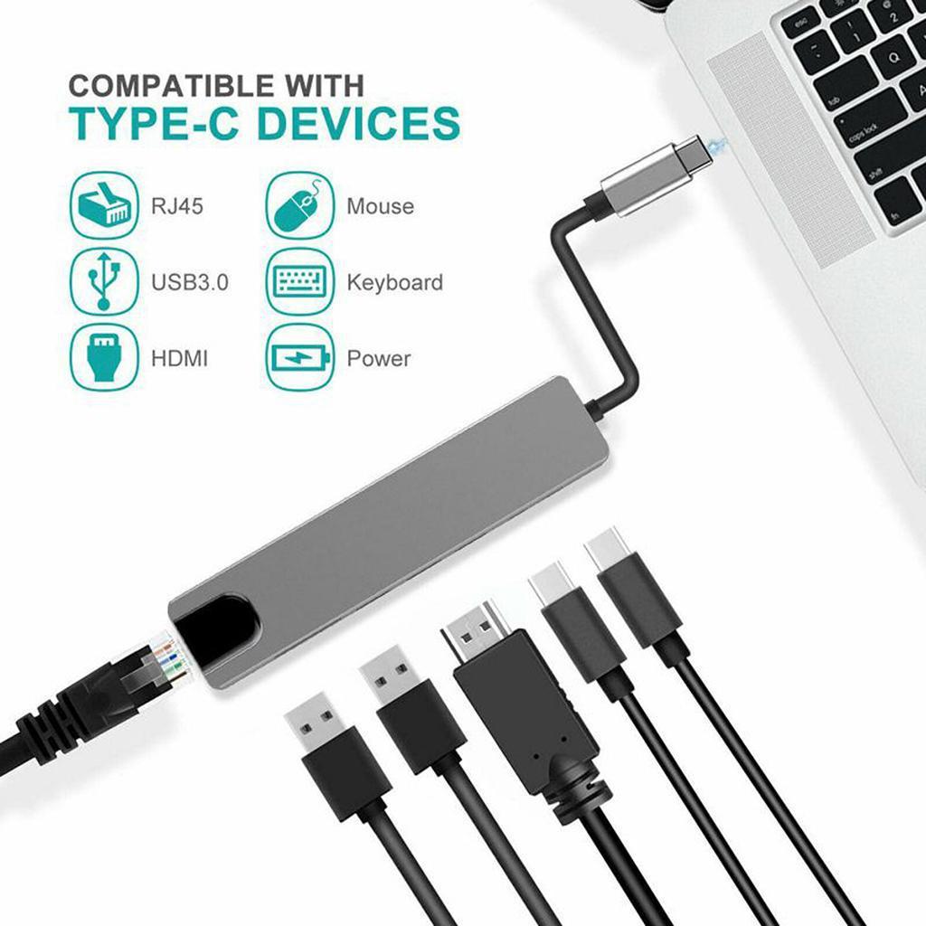 Type C To HDMI+USB3.0+PD 6 In 1 HUB Hub Rj45 Network Card Adapter - iztia