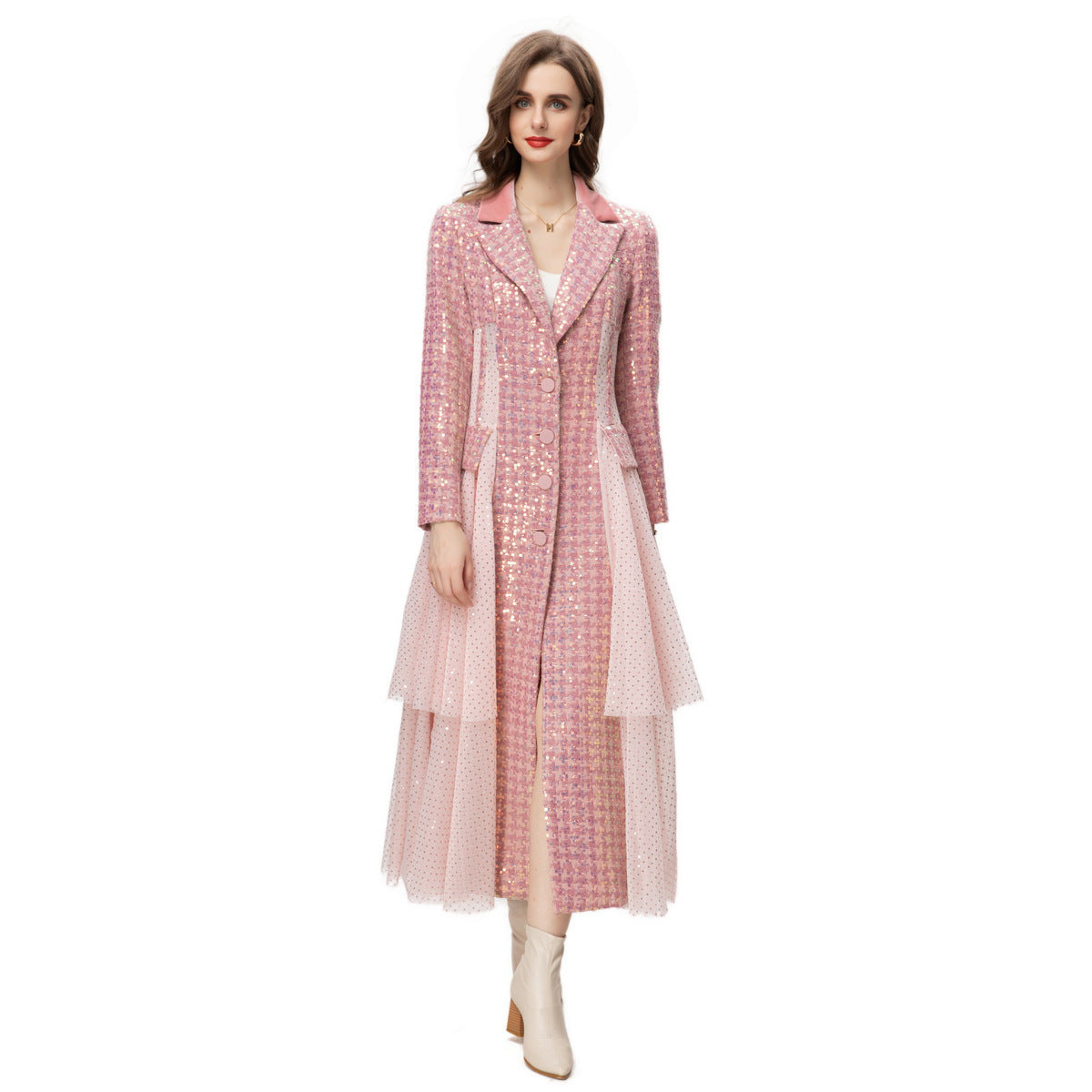 Houndstooth Stitching Sequins Tulle Skirt Style Coat Overcoat - iztia