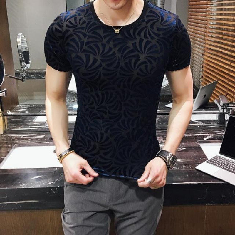 Men's Gold Velvet Ice Silk Cut-out Breathable Short Sleeve Round Neck T-shirt - iztia