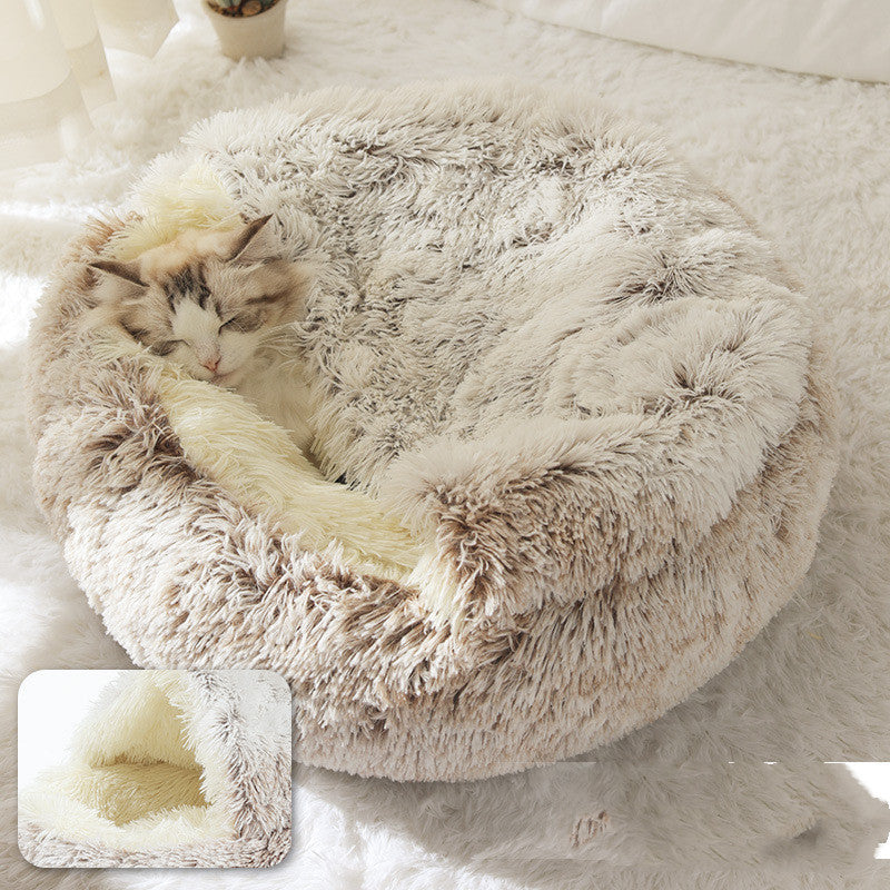 2 In 1 Dog And Cat Bed Pet Winter Bed Round Plush Warm Bed House Soft Long Plush Pets Bed - iztia