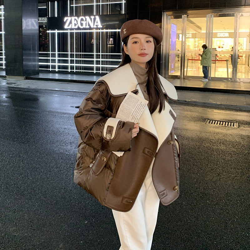 Large Lapel Fur Integrated Stitching Down Jacket - iztia
