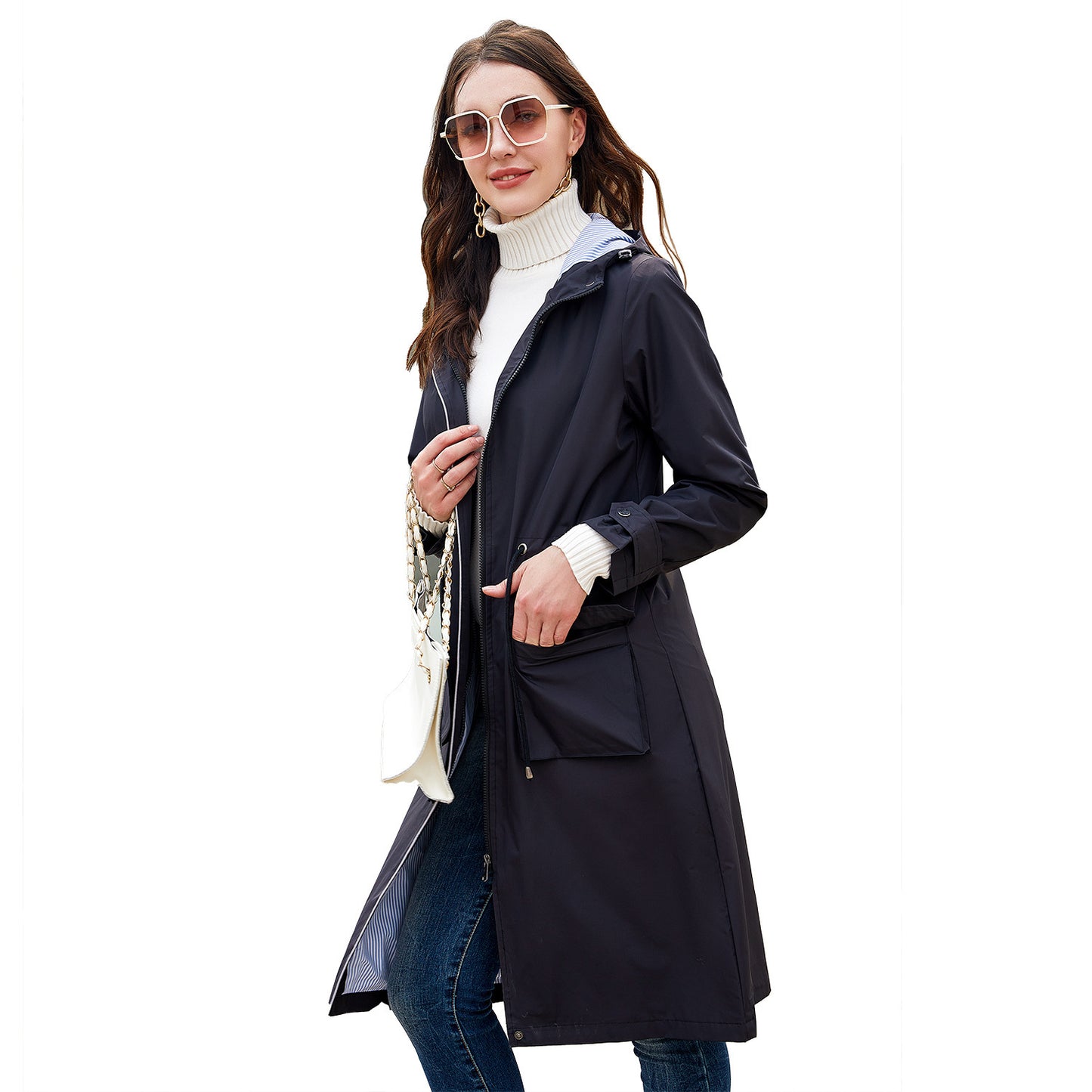 Long Casual Windbreaker Women's Waterproof Hooded Solid Color Top Striped Lining Straight Coat - iztia