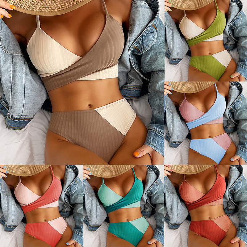 Bikini Patchwork Swimwear Ribbed Women's Swimsuit Knot Back Beachwear Ruched Butt Biquinis Bathing Suits - iztia