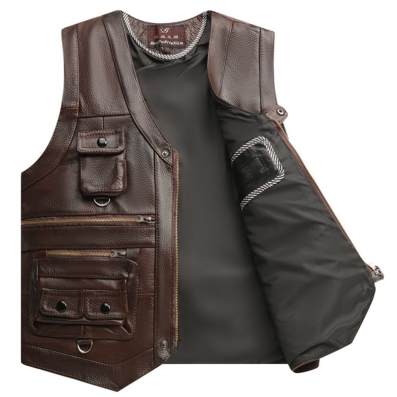 Genuine Leather Vest Man First Layer Cowhide Motorcycle Clothing - iztia