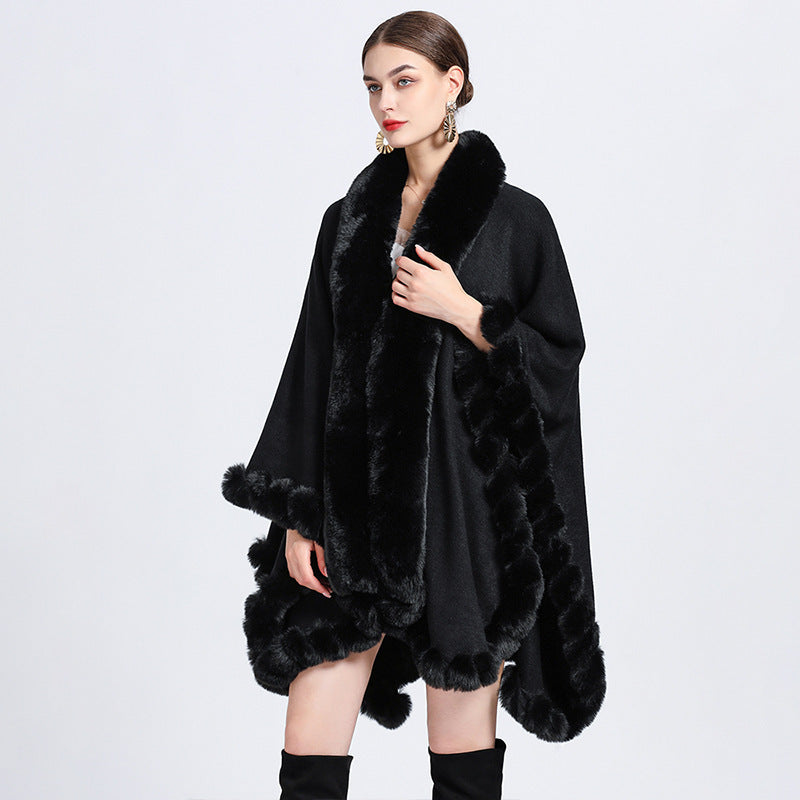 Rex Rabbit Fur Collar Shawl Irregular Oversized Knitted Cardigan Baggy Coat - iztia