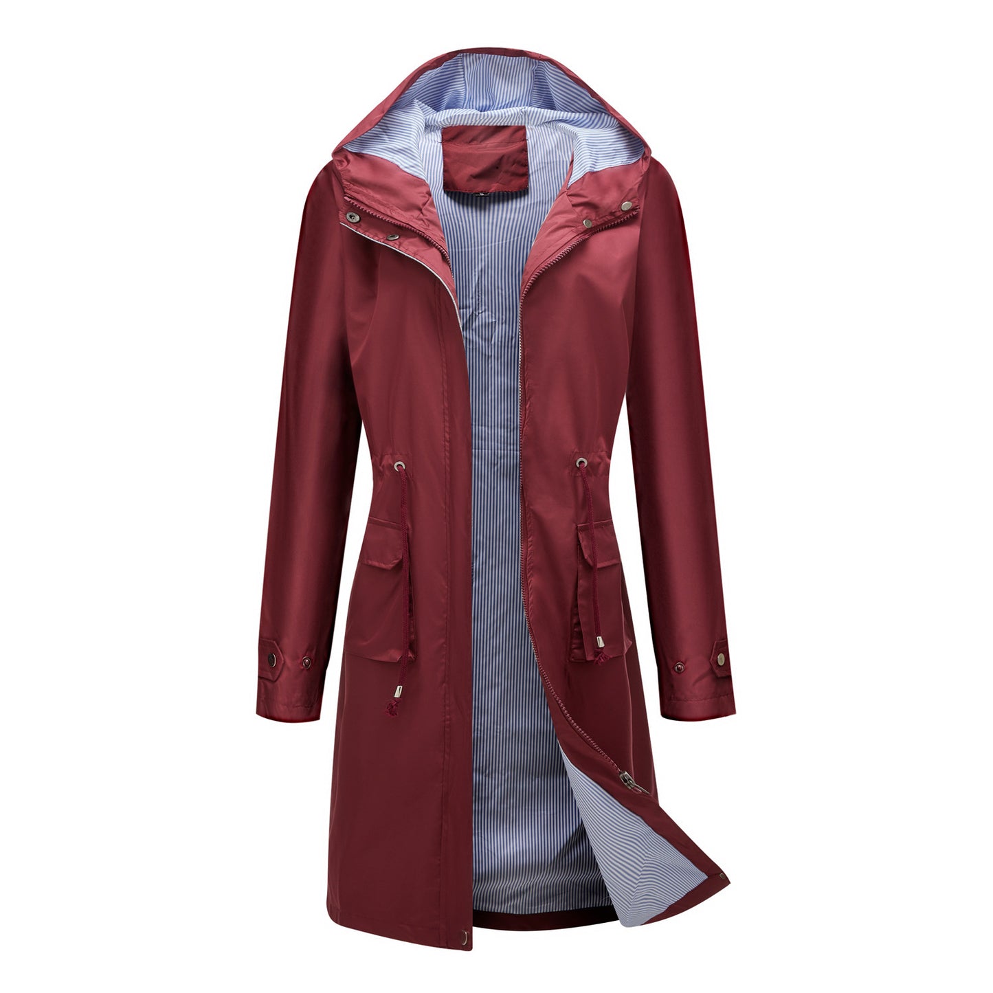 Long Casual Windbreaker Women's Waterproof Hooded Solid Color Top Striped Lining Straight Coat - iztia