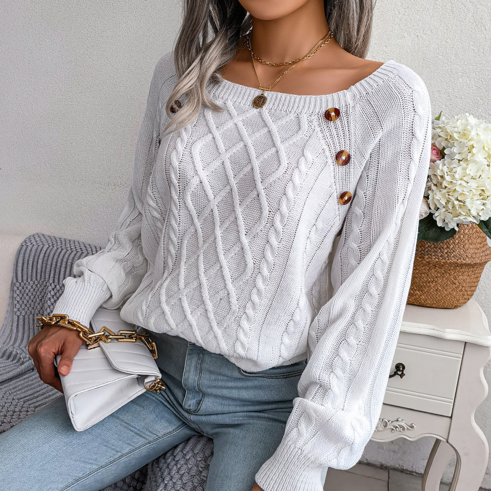 Square Neck Button Fried Dough Twists Knitting Pullover Sweater - iztia