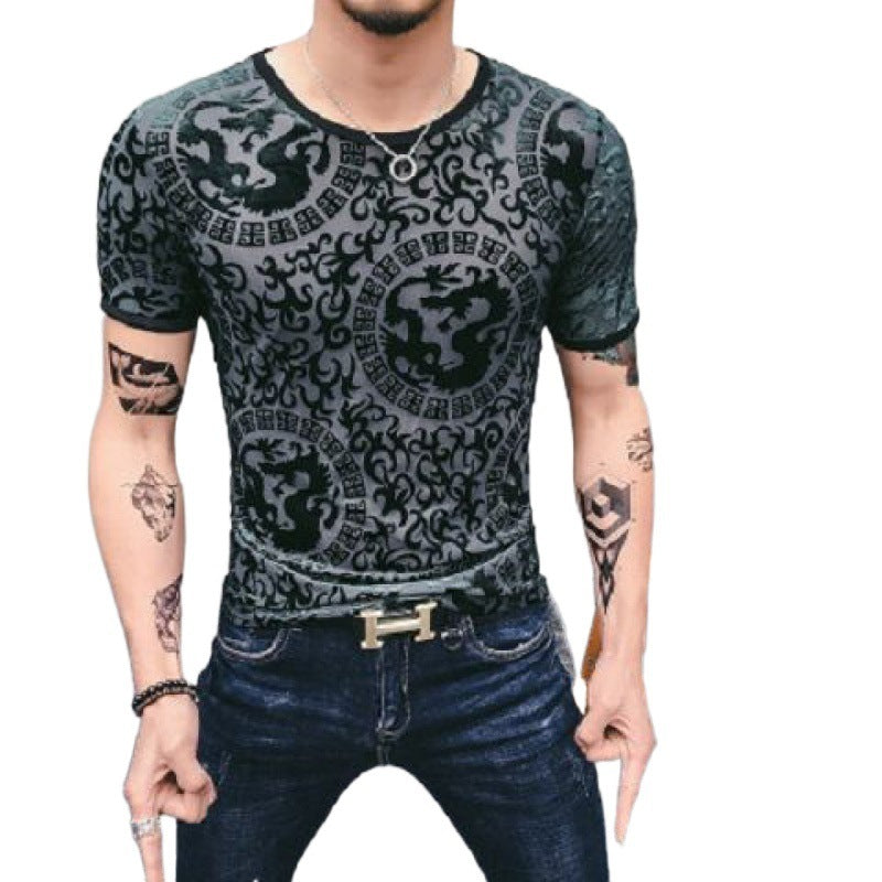 Men's Gold Velvet Ice Silk Cut-out Breathable Short Sleeve Round Neck T-shirt - iztia