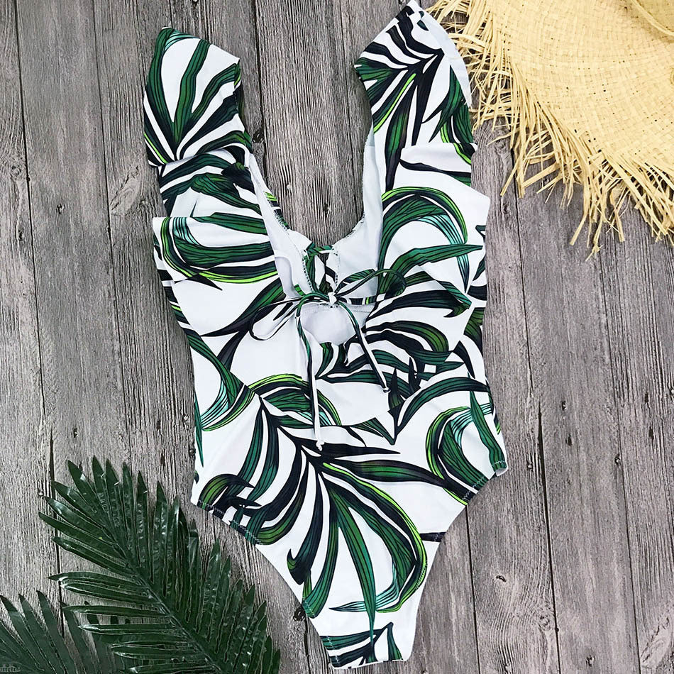 Sexy Ruffle One Piece Swimsuit Women Swimwear Push Up Monokini Bodysuit Print Swim Suit Backless Bathing Suit Beach Wear - iztia