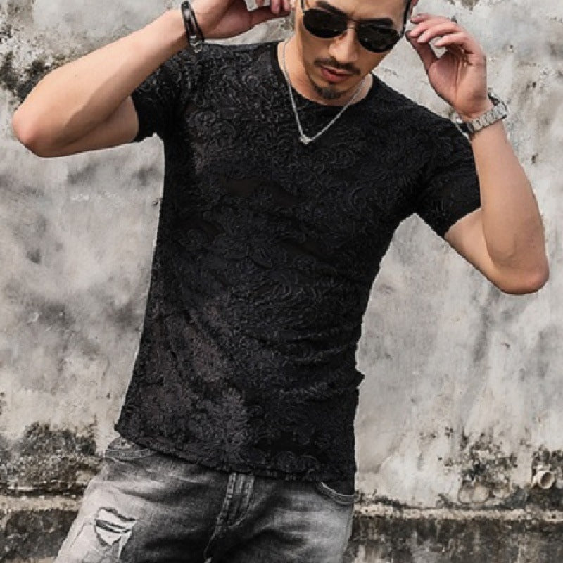 Men's Gold Velvet Ice Silk Cut-out Breathable Short Sleeve Round Neck T-shirt - iztia