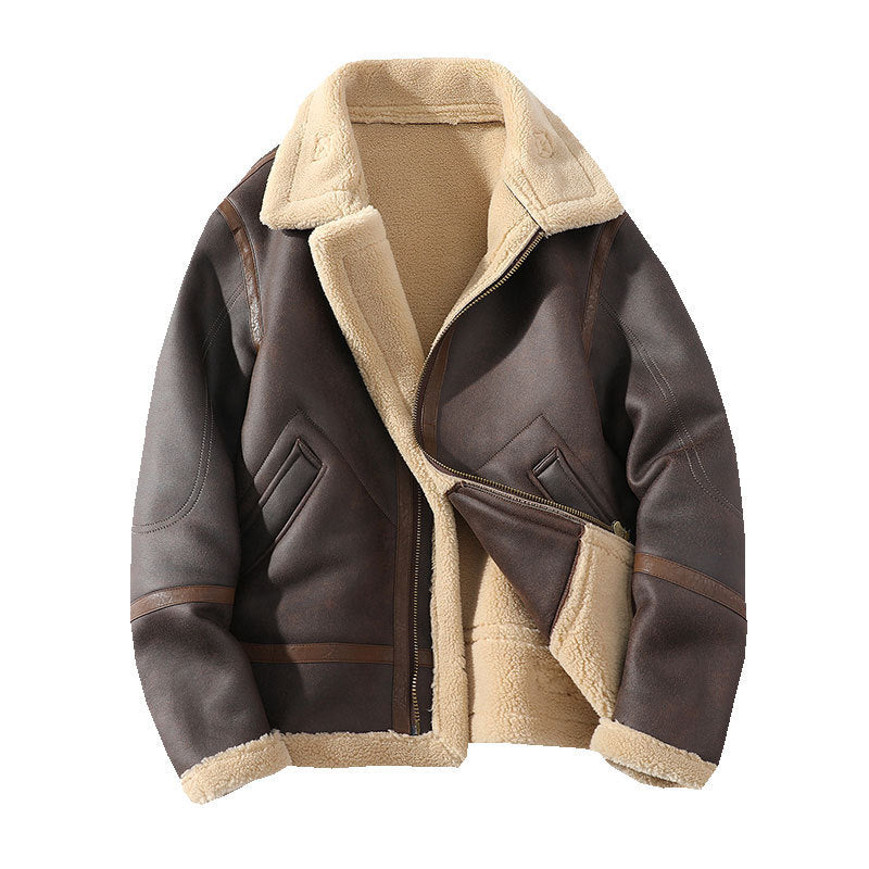 Men's Polo Collar Jacket Casual Plus Size Fur Integrated Fleece-lined Thickened - iztia
