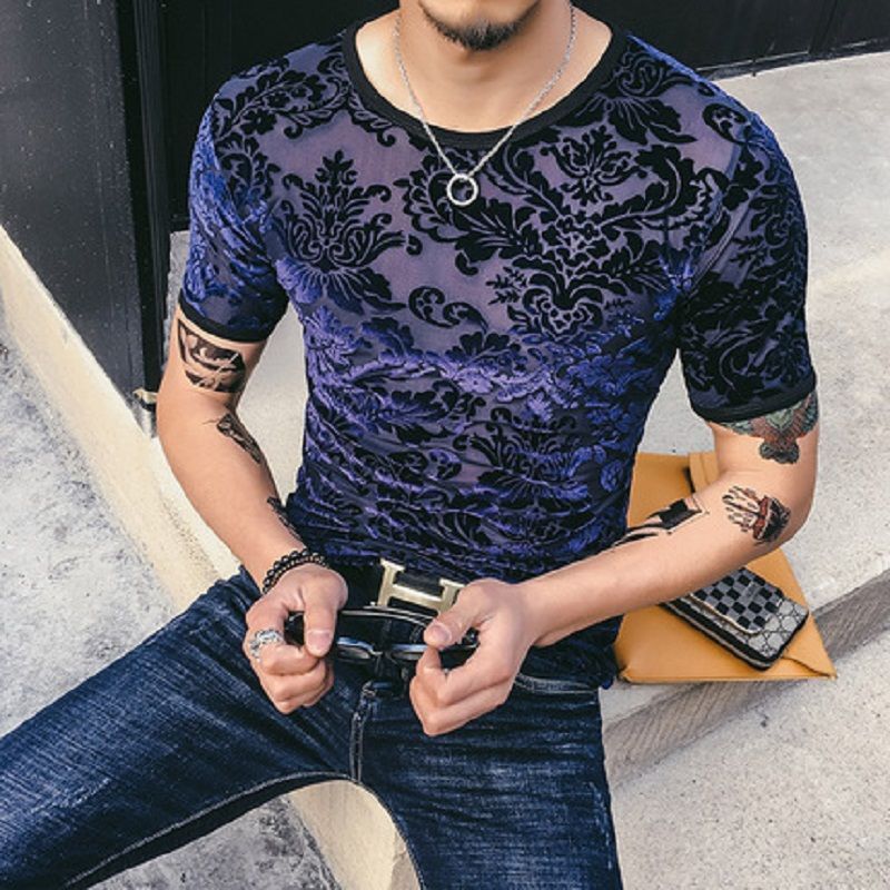 Men's Gold Velvet Ice Silk Cut-out Breathable Short Sleeve Round Neck T-shirt - iztia